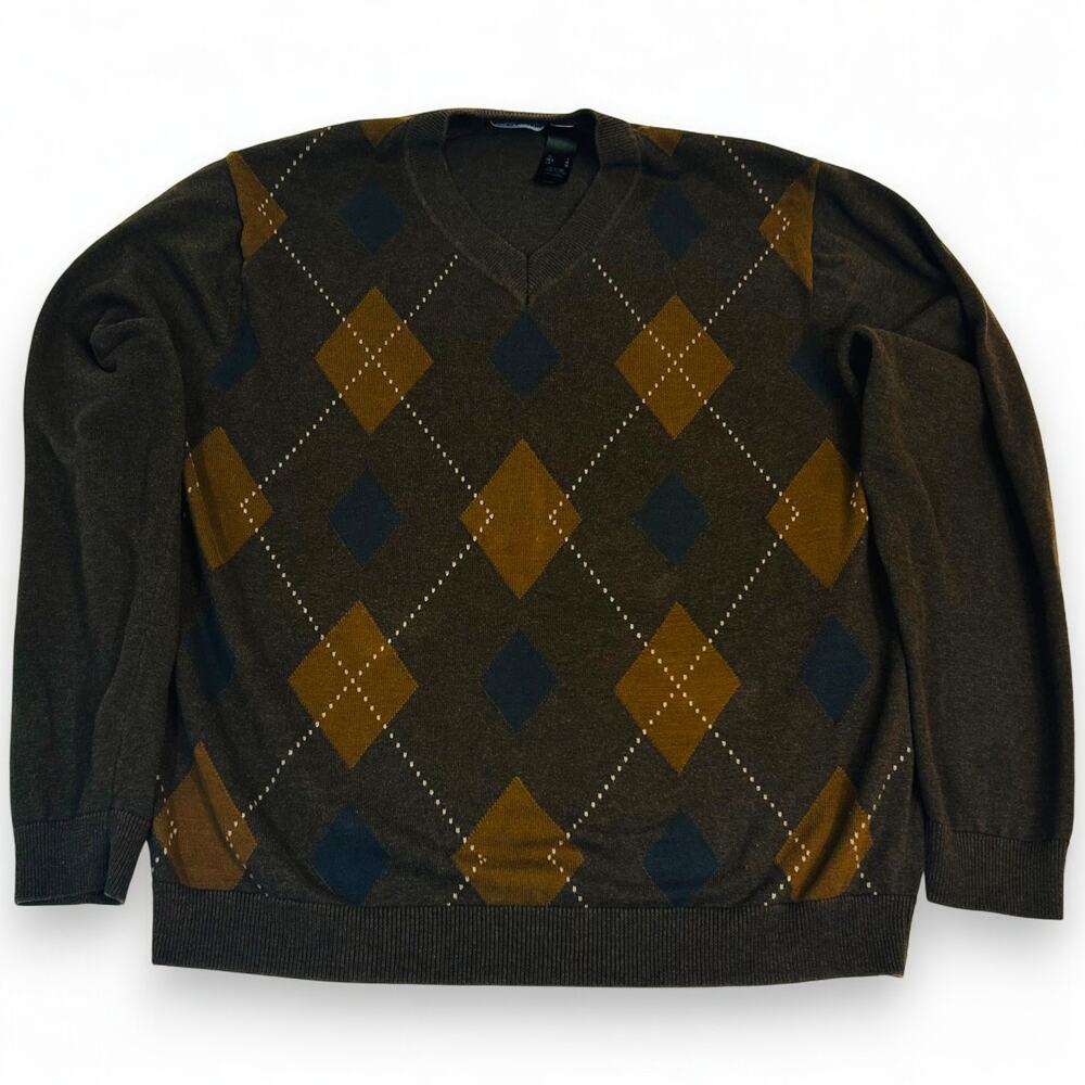 Claiborne Mens L Sweater Brown Argyle Cotton V Neck MERU5534